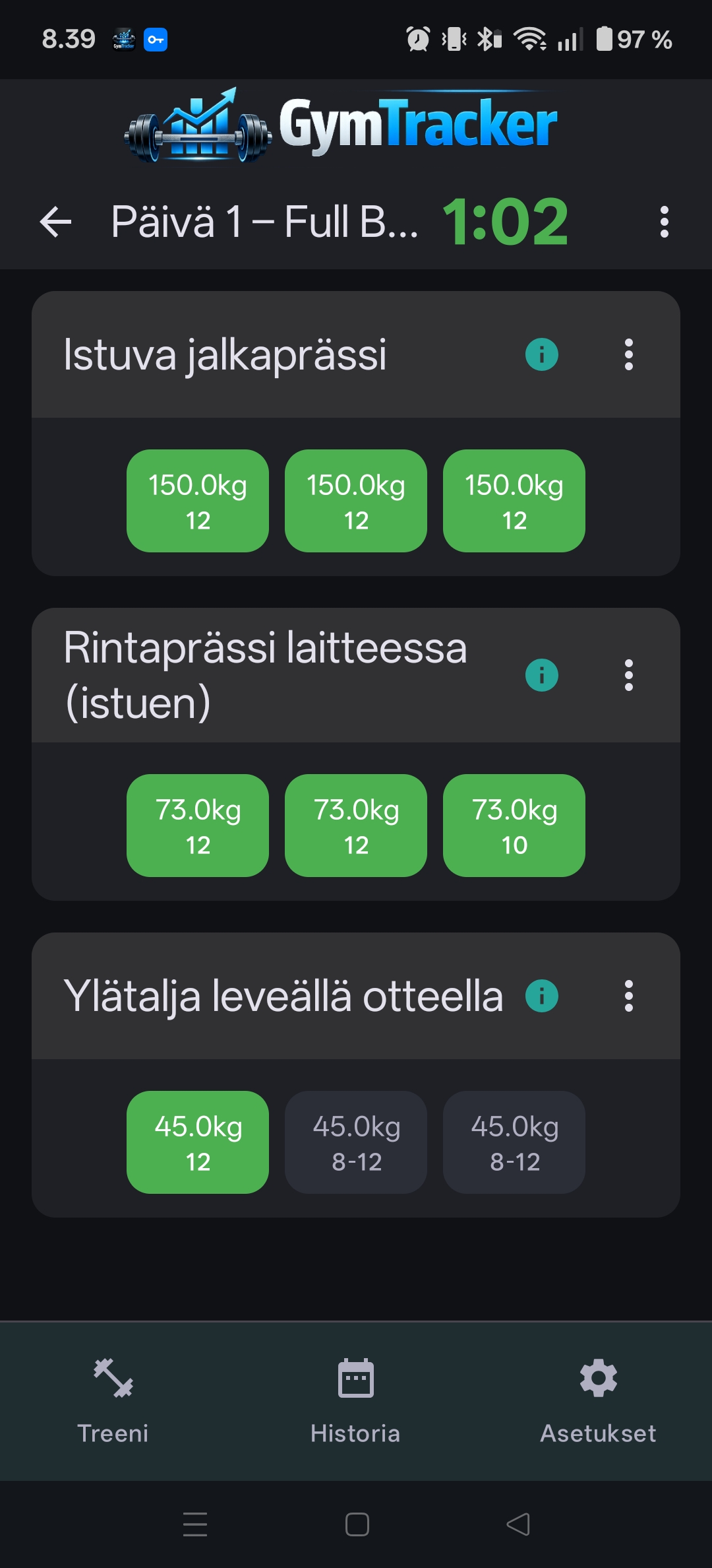 GymTracker workout screen screenshot